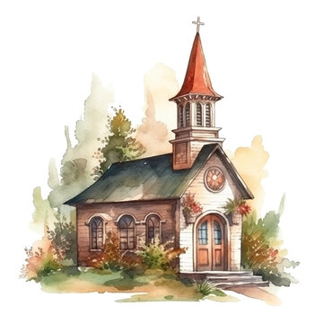Church Chapel - Detailed Watercolor Illustration - PNG Transparent Clipart, Architecture, Cutout - Generative AI