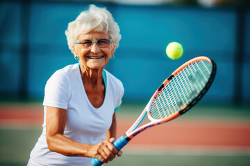 senior woman in glasses holds a tennis racket and ball, active sports game on the court