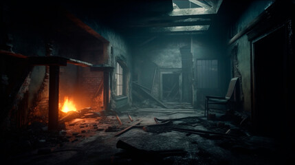Fototapeta na wymiar fire in an old abandoned dark building. Generative Ai. 