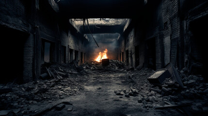 Fototapeta na wymiar a burning fire in a long dark corridor of an abandoned factory. mystical atmosphere. Generative Ai. 