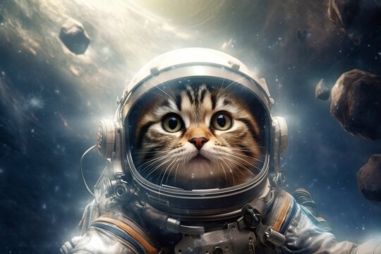 cartoon illustration, a kitten in outer space wearing a space suit, ai generative