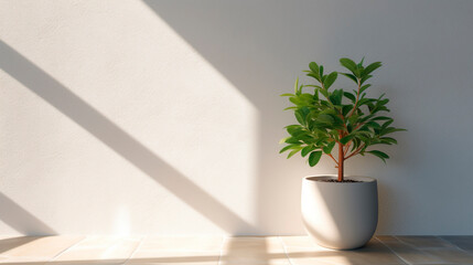 interior of an empty room with a plant in a vase on a sunny day. Generative Ai. 