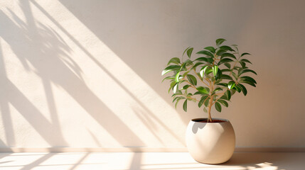 plant in the interior of an empty room on a sunny day. Generative Ai. 
