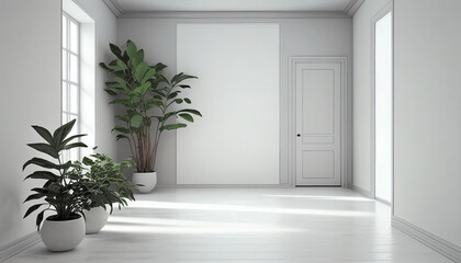 Fototapeta premium Empty room with a window and a plant, An empty room with a white plaster wall and plants on the floor, Generative AI