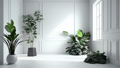 Empty room with a window and a plant, An empty room with a white plaster wall and plants on the floor, Generative AI