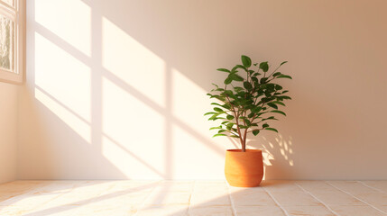 empty room with tropical plant illuminated by sunbeams. Generative Ai. 