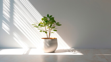 empty bright room illuminated by sunbeams with tropical plants. Generative Ai. 