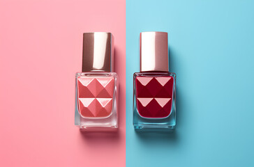 two bottles of nail polish, glass bottles with geometric relief and metal caps, light pink and dark pink nail polishes, background divided vertically into blue and pink colors, object shot 