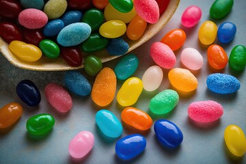spoon and bowl filled with colorful jelly beans. Generative AI