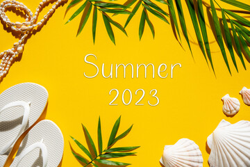 Yellow Summer Flat Lay, Shells, Palm Leaf, Text Summer 2023