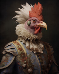 a rooster in the form of a Duke, a red child. blue and gold jacket, tie and collar, rooster in suit, dark background, bird with sharp beak and serious look, bird portrait, ai generative 