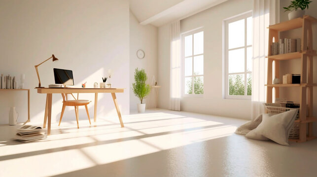 modern living room in bright colors with large windows from which sunlight falls. Generative Ai. 