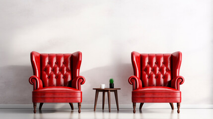 two red leather armchairs and a coffee table in a room against a white wall. Generative Ai. 