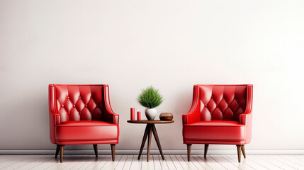 two leather red armchairs and a coffee table against a white wall. Generative Ai. 
