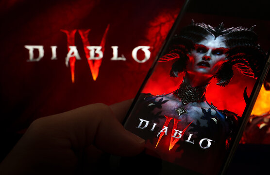 Diablo 4 game poster seen on mobile screen. Diablo IV is a game developed by Blizzard Entertainment. Stafford, United Kingdom, June 14, 2023