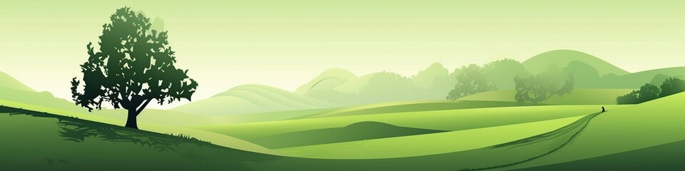 Fototapeta na wymiar illustration,green nature landscape with tree and mountain ,website header ,generative ai