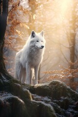 Obraz premium illustration, a glowing white wolf in a magical forest, ai generative