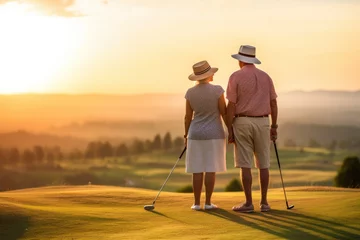 Selbstklebende Fototapeten elderly couple green golf field, clubs in hand, active game as the sun sets in the highlands © olga_demina