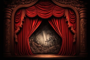 theatrical stage with a vibrant red curtain and a spotlight shining on it. Generative AI
