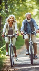 Obraz premium Overjoyed grey-haired couple cycling on park road, cherishing their time together open air