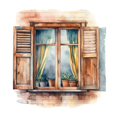 Shutter Vintage Italian with Flowers - Watercolor Painted Clipart Illustration - Transparent Cutout PNG - Generative AI