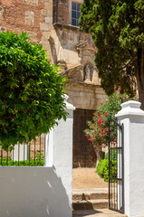 Puerta de acceso a edificio histórico con pórtico de madera. Iglesia de Santa Clara en la ciudad...
