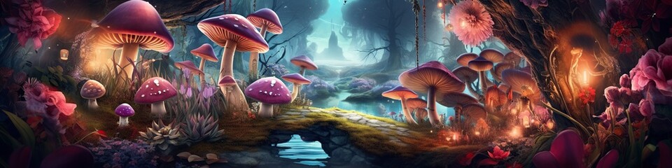 illustration, view of wonderland with mushrooms, lilies, lake and mountains with glow, website header, ai generative