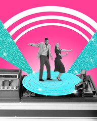 Positive young man and woman in retro outfits dancing on vinyl record against pink background....