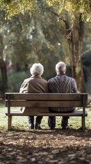 Seated on wooden bench, elderly man and woman enjoy green park, view from behind