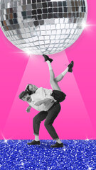 Happy, smiling young couple, man and woman dancing retro dance against disco ball. Love and fun. Contemporary art collage.