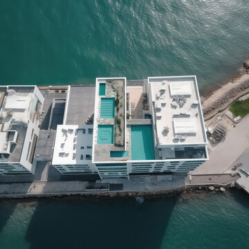 Top aerial view on modern hotel buildings on sea beach. Pools on roof, architecture, penthouse on seascape. AI generative