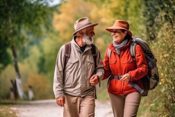 Fototapeta premium Backpack seniors wearing hats traverse a green hill slope highlands, relishing their joint hiking