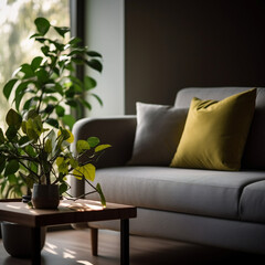 Minimalist Interior Design in a Cozy Living Room with Light Color Tone - Potted Plant and Beautiful Accessories - Simple and Calming Boho Design - Generative AI