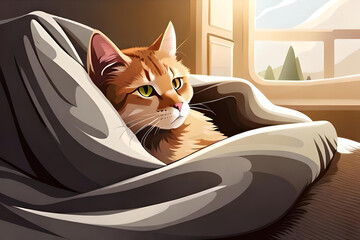  a contented cat curled up in a cozy blanket, capturing the essence of comfort and relaxation