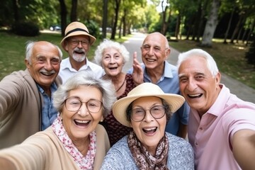 Group of happy seniors making selfies together laughing smiles elderly men and women in city park