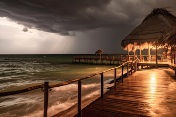 Fototapeta premium Powerful storm front with heavy rain approaches the beach, showcasing the raw beauty and overwhelming force of nature elements colliding in a breathtaking spectacle