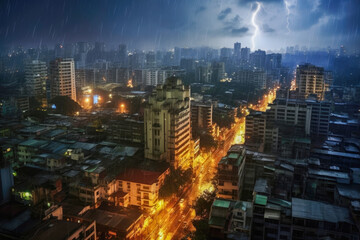 Obraz premium Torrential rain pouring down on the city streets during a stormy evening