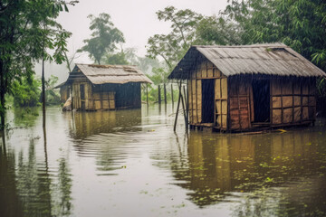 Fototapeta na wymiar Heavy monsoon rain intensifies the flooding in remote communities, highlighting the challenges faced by vulnerable populations in the face of natural disasters.