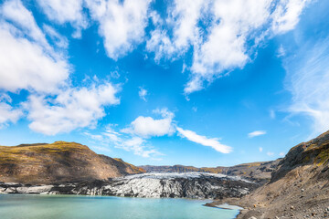 Breathtaking view on Solheimajokull glacier in Katla Geopark on Icelandic Atlantic South Coast.