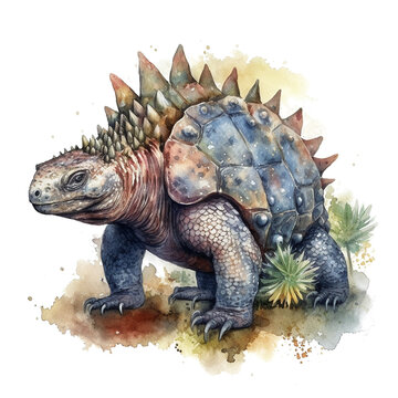 watercolor stegosaurus dinosaur, blue, brown, walking clip art preview