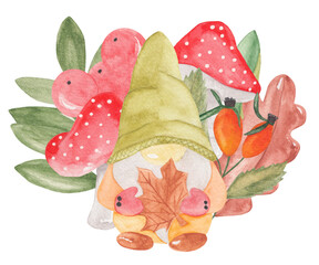 Watercolor illustration of a forest gnome with leaves, mushrooms, viburnum and rose hips on a transparent background