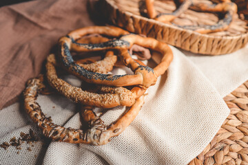 Freshly made homemade soft pretzels close up