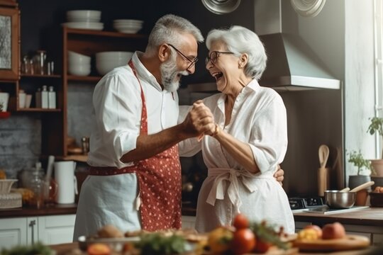 Loving senior couple dancing and laughing while cooking delicious vegan dinner in kitchen