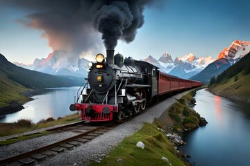 steam train in the mountains generated by AI technology 