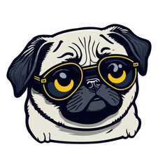 Pug dog cartoon illustration. Cute friendly fat chubby fawn sitting pug puppy, smiling with tongue out. Pets, dog lovers, animal themed design element isolated on white.