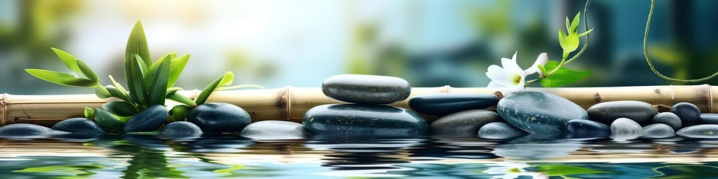 Bamboo and stones in a wellness spa. Generative AI. Zen Stones and