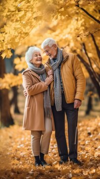 stylishly dressed senior man and woman take a leisurely stroll through a breathtaking autumn park