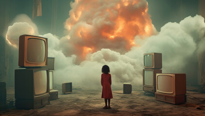 A young girl standing in isolated area with vintage cathodic televisions facing a distant explosion - obrazy, fototapety, plakaty