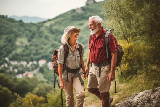 A lively senior couple, presence of forested mountains and a meandering river during their hike
