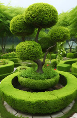 shaped tree, garden with topiary, shaped cutting of trees and bushes, bonsai, wood shaft, landscaping of the site, hedge, ai generative 